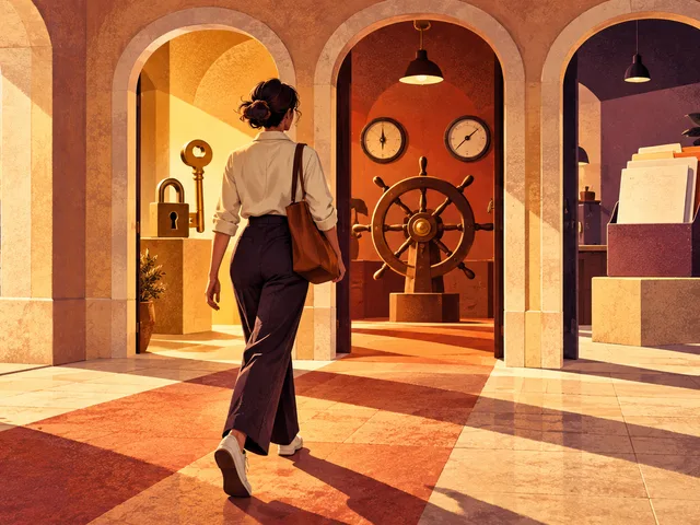 Illustration sérigraphiée d’une future entrepreneuse avançant vers trois portes symbolisant l’accès au métier, le pilotage et les preuves du projet.