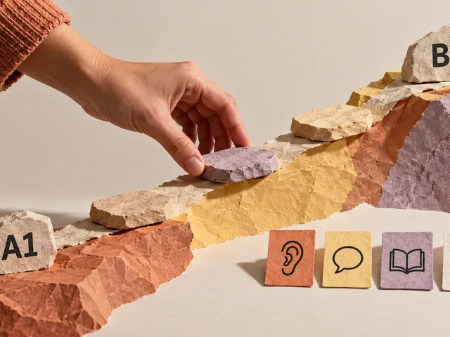 Illustration générée montrant une main qui place des jalons successifs entre un ancien repère A1 et un objectif B2, avec quatre cartes représentant écouter, parler, lire et écrire.