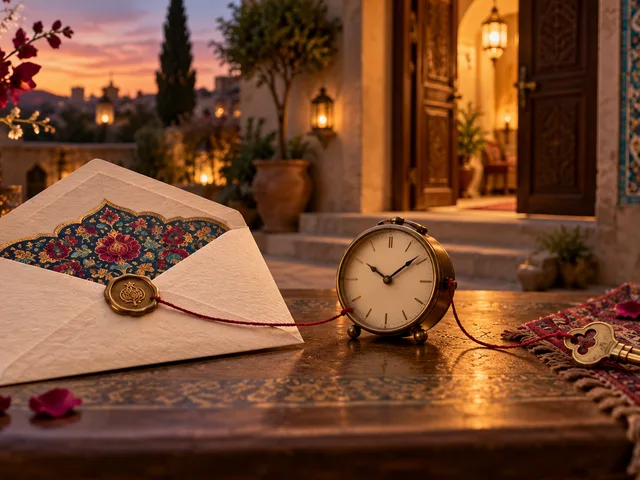 Mise en scène générée : une enveloppe d’invitation, une horloge et une clé reliées par un fil rouge devant une maison éclairée au crépuscule.
