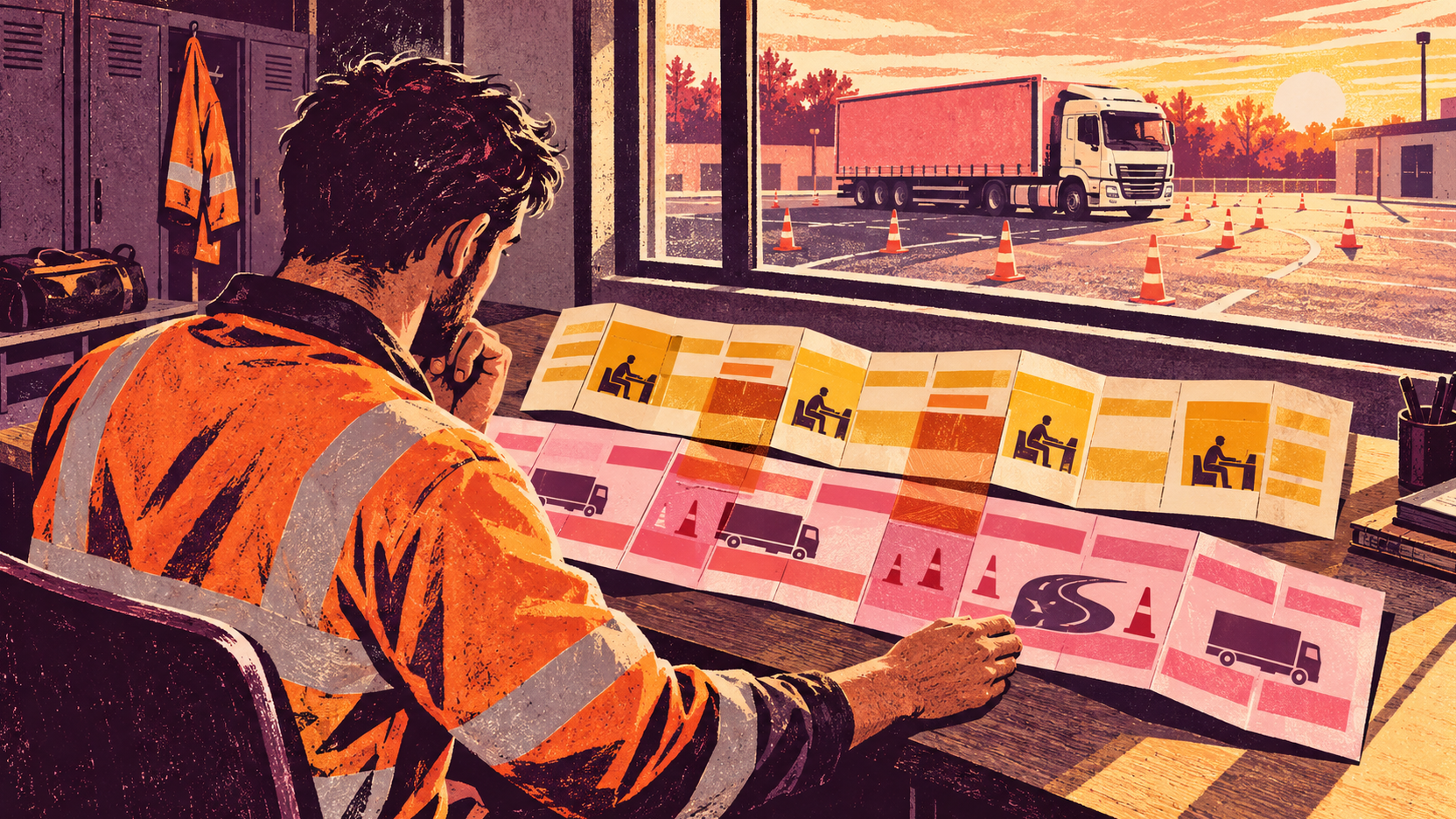 Illustration en linogravure d’une personne en tenue de travail alignant son planning professionnel avec des blocs de formation FIMO, un camion-école visible à l’extérieur.