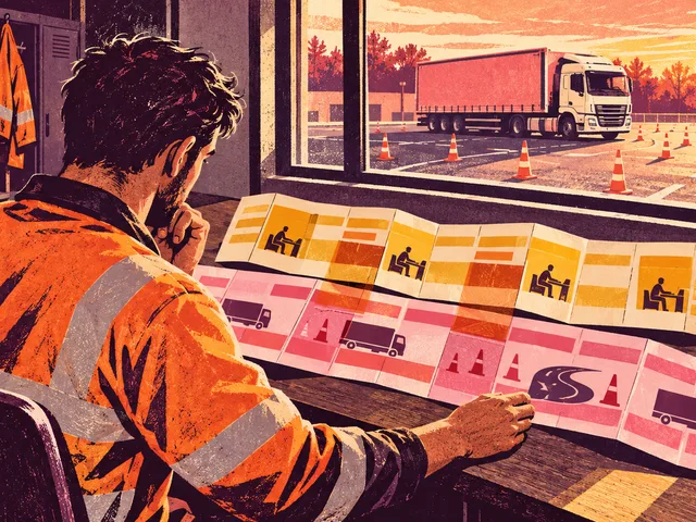 Illustration en linogravure d’une personne en tenue de travail alignant son planning professionnel avec des blocs de formation FIMO, un camion-école visible à l’extérieur.