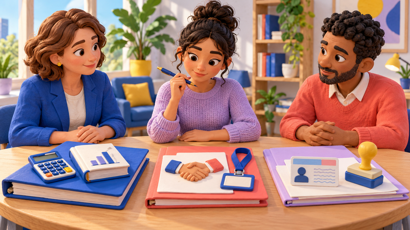 Illustration en argile d’une étudiante comparant un programme de comptabilité, un dossier de stage et une chemise administrative avec deux interlocuteurs autour d’une même table.