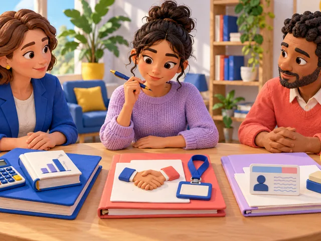 Illustration en argile d’une étudiante comparant un programme de comptabilité, un dossier de stage et une chemise administrative avec deux interlocuteurs autour d’une même table.