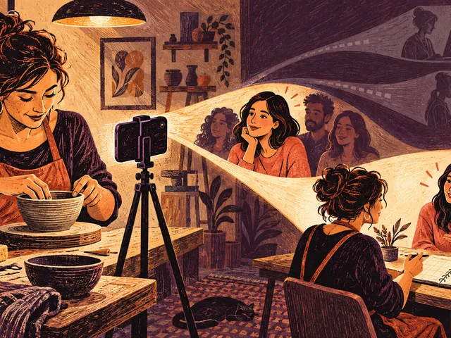 Illustration générée en linogravure montrant une professionnelle filmant une démonstration, reliée par un faisceau unique à une audience précise puis à une demande de rendez-vous.