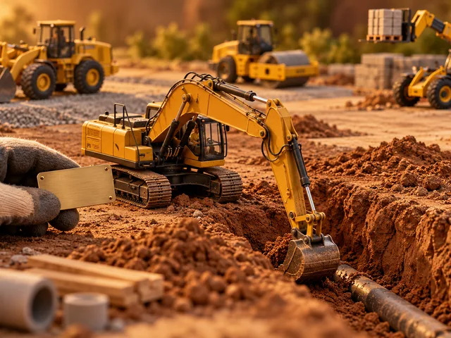Maquette artisanale d’un chantier où une main gantée identifie une pelle miniature à partir de sa plaque et de la tâche de creusement, avec d’autres engins en arrière-plan.