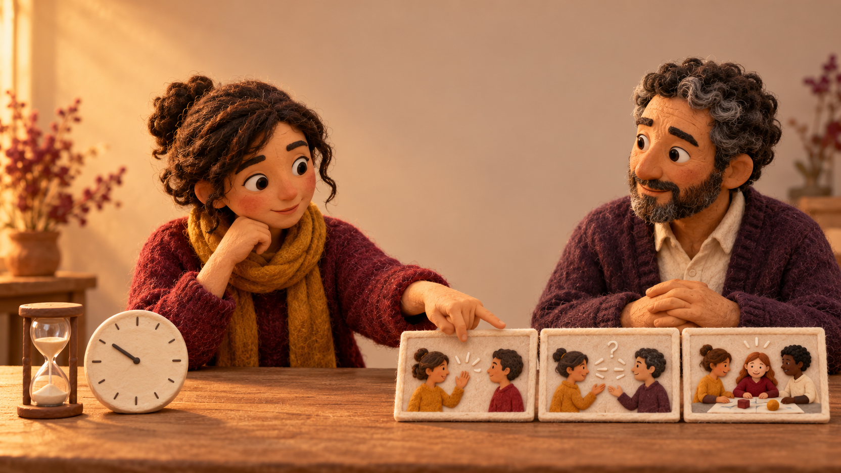 Illustration en stop-motion textile : une apprenante pointe trois scènes d’échange progressives devant un formateur, tandis qu’un sablier et une horloge restent de côté.