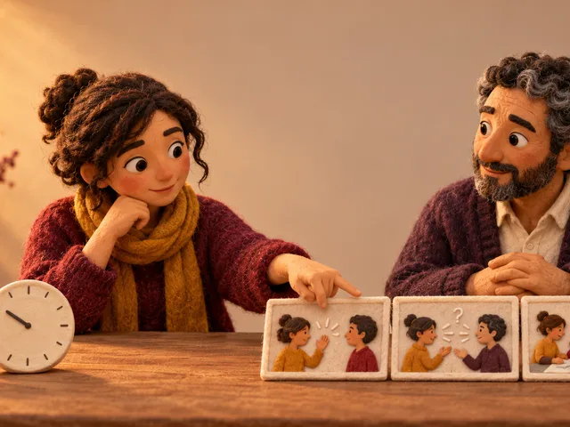 Illustration en stop-motion textile : une apprenante pointe trois scènes d’échange progressives devant un formateur, tandis qu’un sablier et une horloge restent de côté.