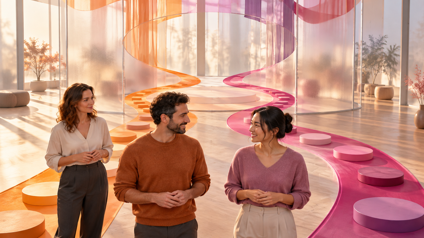 Deux adultes suivent des parcours visuels distincts qui convergent vers une scène d’échange commune, accompagnés par un formateur en retrait.