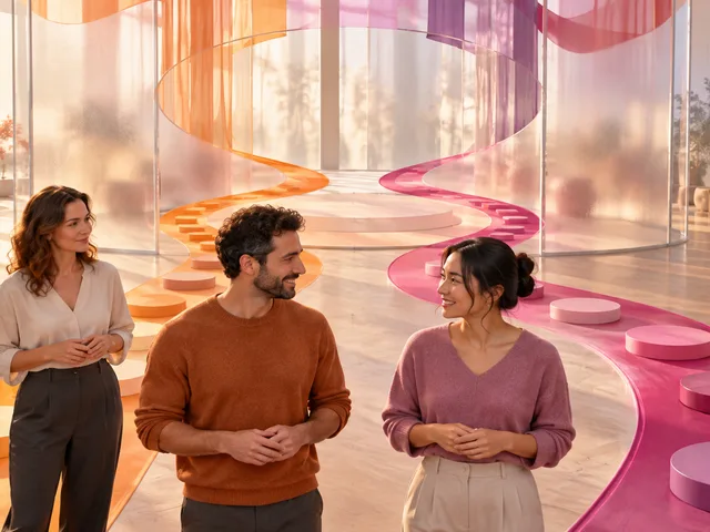 Deux adultes suivent des parcours visuels distincts qui convergent vers une scène d’échange commune, accompagnés par un formateur en retrait.