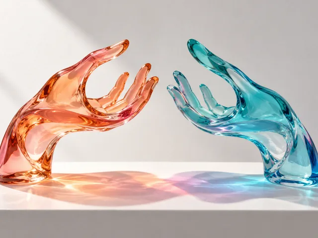 Sculpture de verre générée par IA : deux formes gestuelles abstraites, l’une corail et l’autre cyan, se font face tandis que leurs ombres colorées se rejoignent sur un socle blanc.
