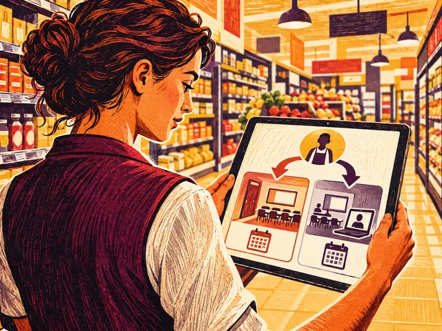 Illustration gravée d’une future apprenante dans un rayon de grande surface comparant sur une tablette deux actions de formation, l’une en présentiel et l’autre mixte.
