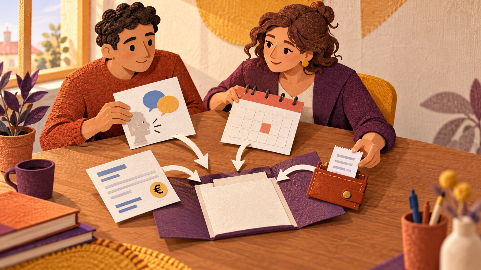 Illustration en papier découpé d’un adulte et d’une conseillère réunissant un support de français, un calendrier, un devis et un portefeuille avant une entrée en formation.