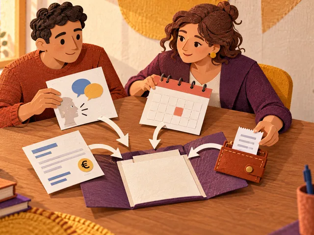 Illustration en papier découpé d’un adulte et d’une conseillère réunissant un support de français, un calendrier, un devis et un portefeuille avant une entrée en formation.