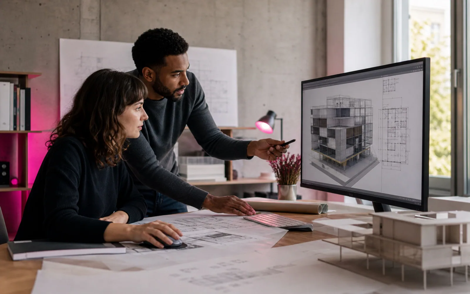 Deux professionnels d’une agence d’architecture travaillant sur une maquette BIM