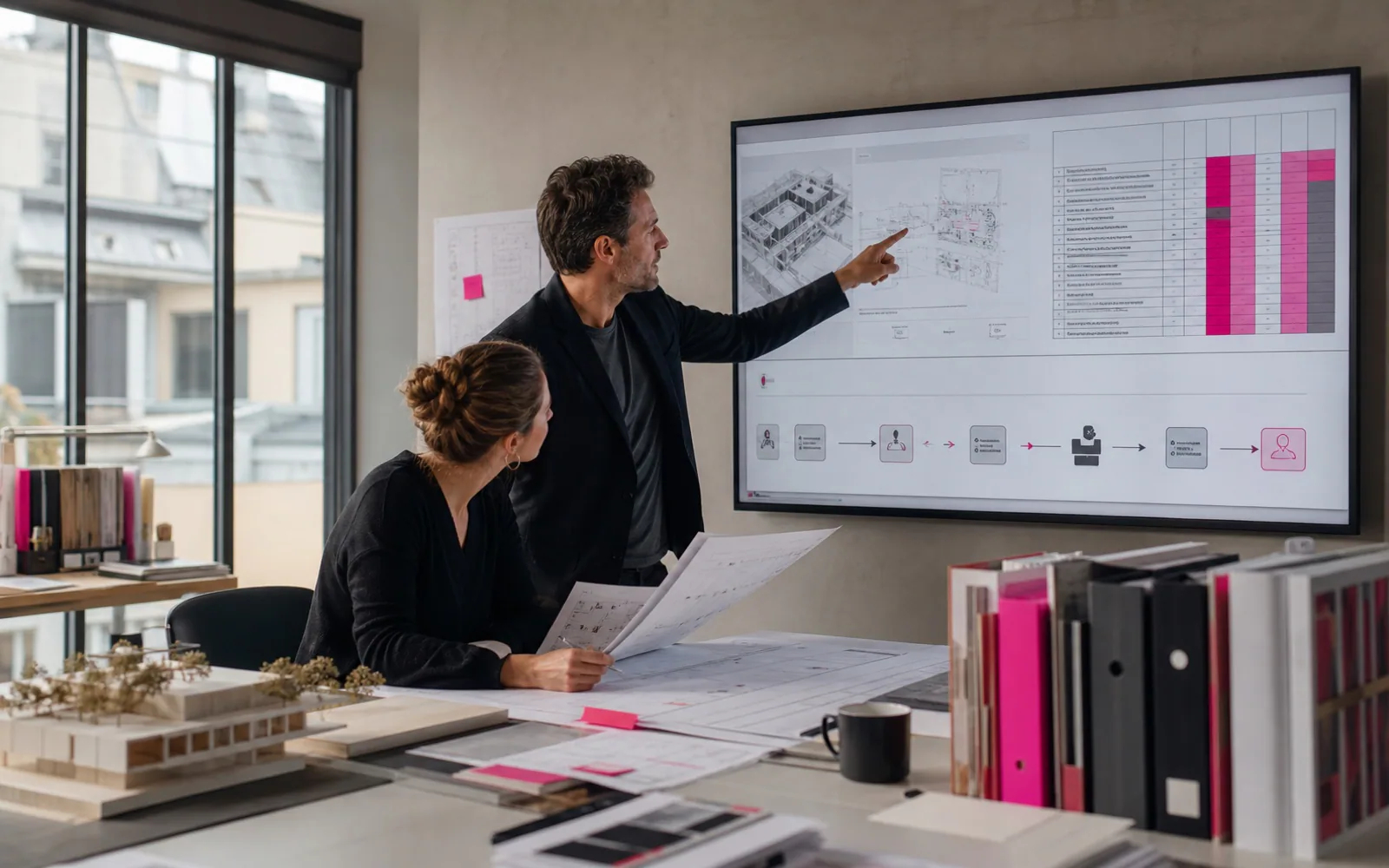 Deux professionnels d’une agence d’architecture préparant une réponse à un appel d’offres avec un outil d’intelligence artificielle