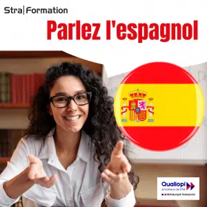 Métadonnées pour une image d'une formatrice donnant un cours d'espagnol Titre de l'image : Apprendre l'espagnol avec Straformation Description de l'image : Une femme souriante, d'origine hispanique, donne un cours d'espagnol.