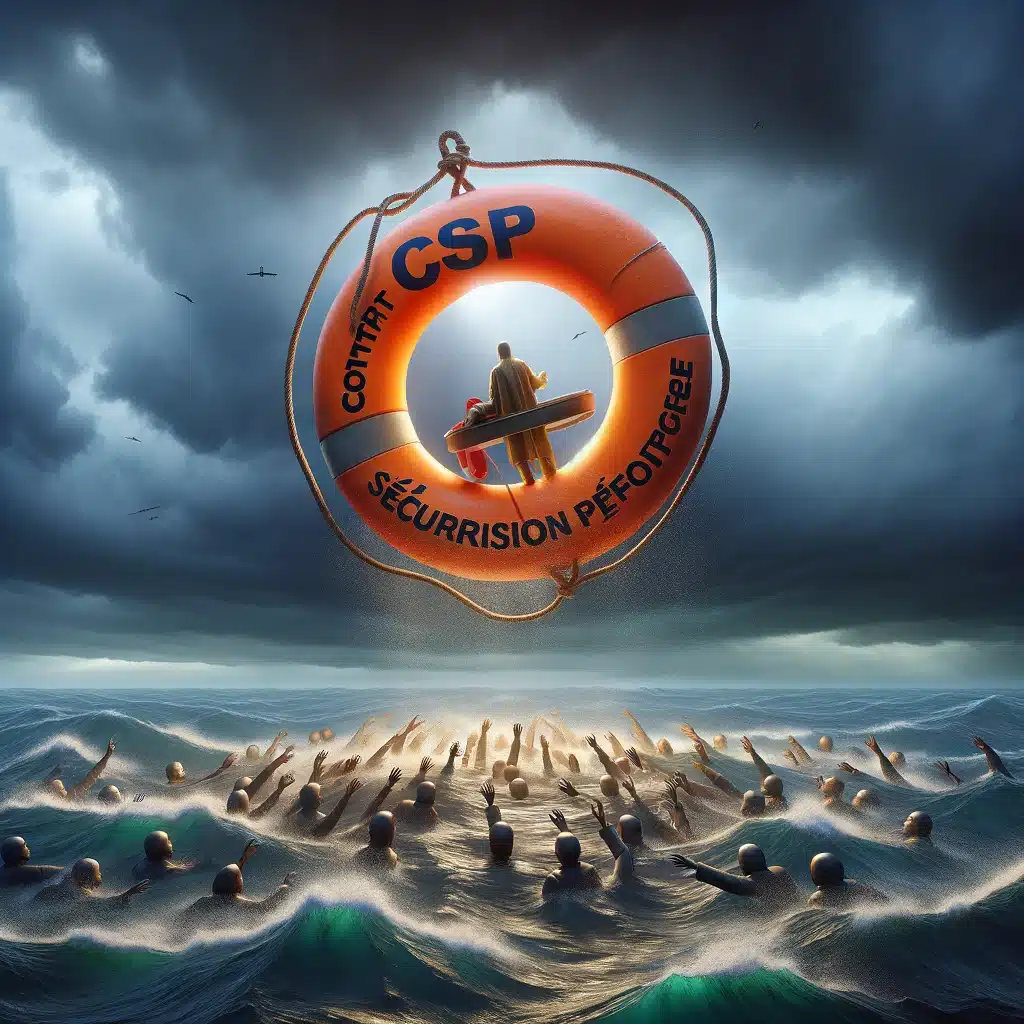 Image montrant une bouée de sauvetage avec CSP pour Contrat de sécurisation professionnelle dessus qui secours des personnes perdue en mer
