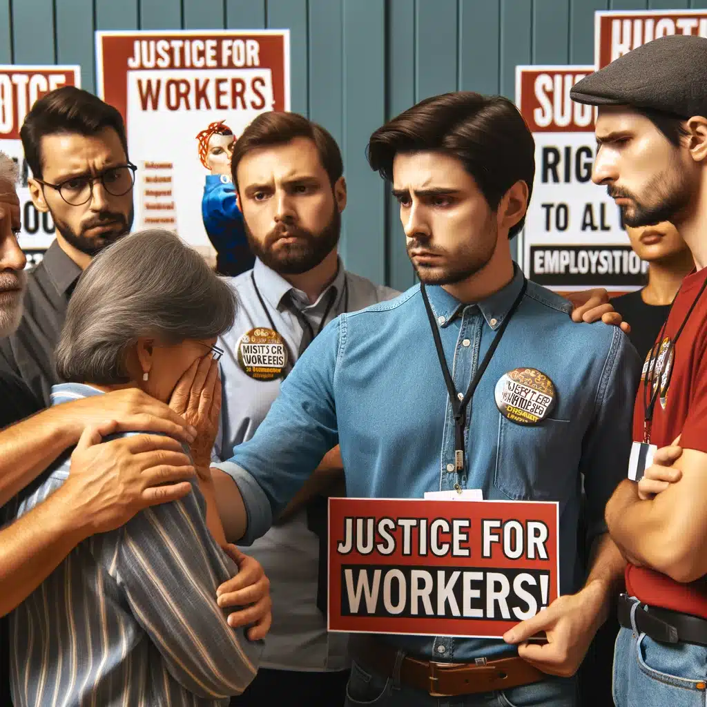 Image représentant des personnes appartenant à une association de défense des salariés et qui soutient quelqu'un qui vient de se faire licencier.