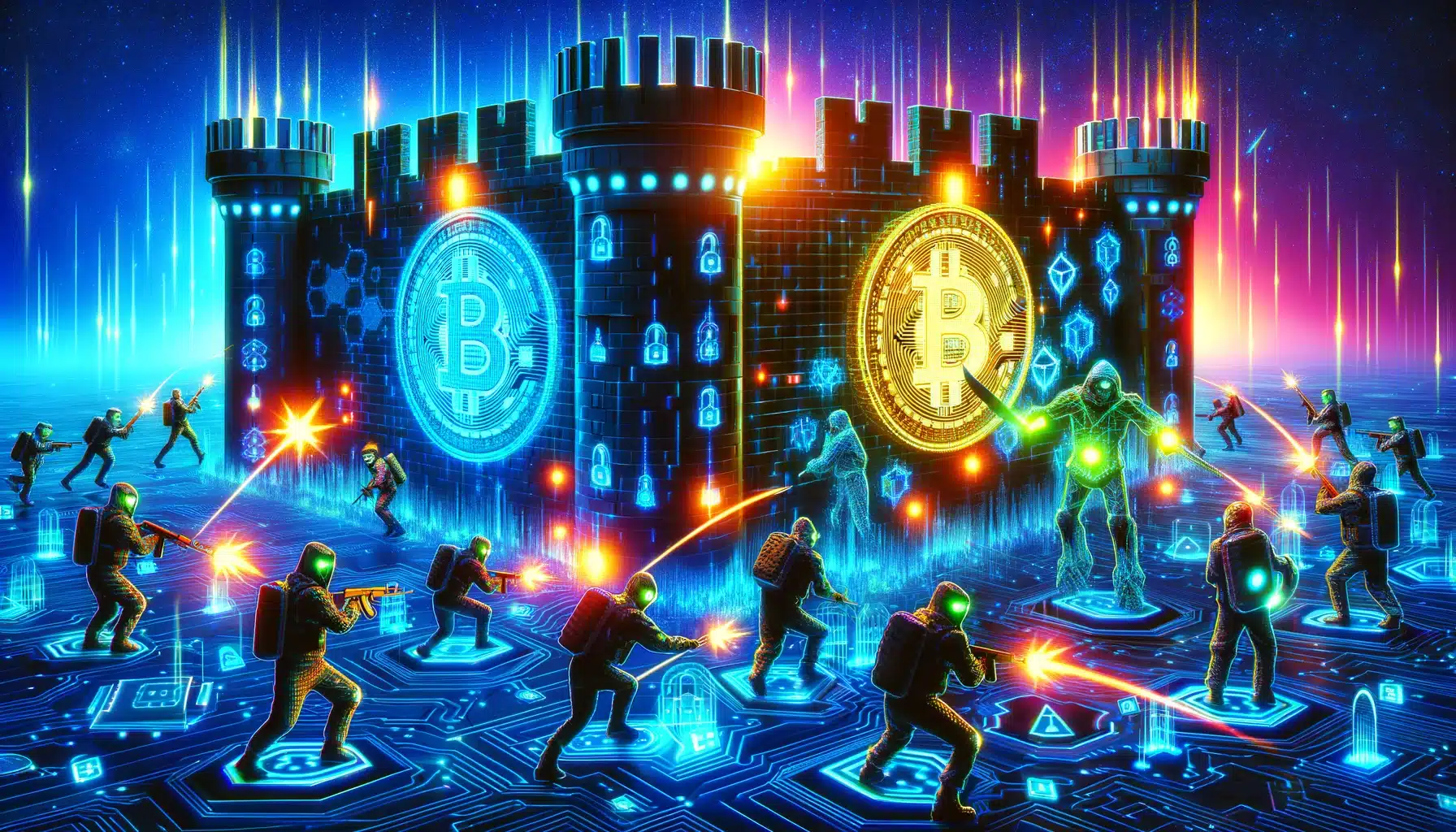 Cette image représente un champ de bataille numérique éclatant où des pirates cybernétiques vêtus de néon, équipés d'outils de piratage et d'armes lumineuses, lancent un assaut contre une forteresse numérique imprenable qui incarne le concept de la technologie blockchain. La forteresse émet une forte lumière bleue, arborant le logo emblématique du Bitcoin, renforçant son rôle de bastion de la monnaie numérique. Les couleurs vives, des attaques lumineuses des pirates aux boucliers défensifs de la forteresse, créent une scène dynamique qui encapsule la lutte continue entre la cybersécurité et les menaces numériques.