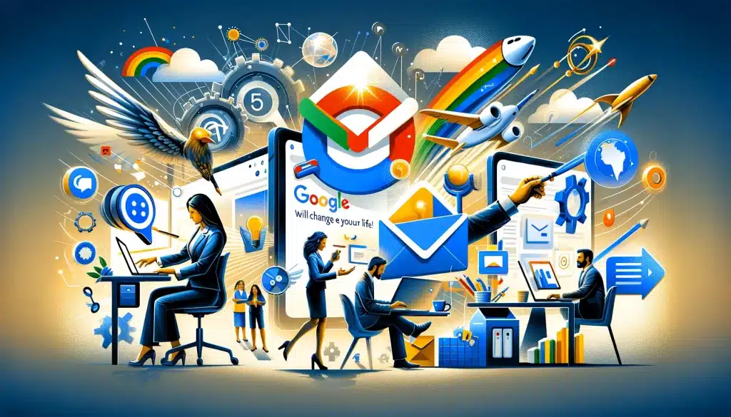 Cette image dynamique met en vedette une variété de professionnels intégrant Google Workspace dans leur routine quotidienne. Les éléments tels que Gmail, Google Docs, Google Sheets et Google Meet sont illustrés symboliquement, représentant l'efficacité, la collaboration et l'innovation. Les couleurs vives et les éléments de design suggestifs transmettent l'idée d'un environnement de travail transformateur et futuriste, soulignant le potentiel de croissance et de connectivité professionnelle grâce à Google Workspace.