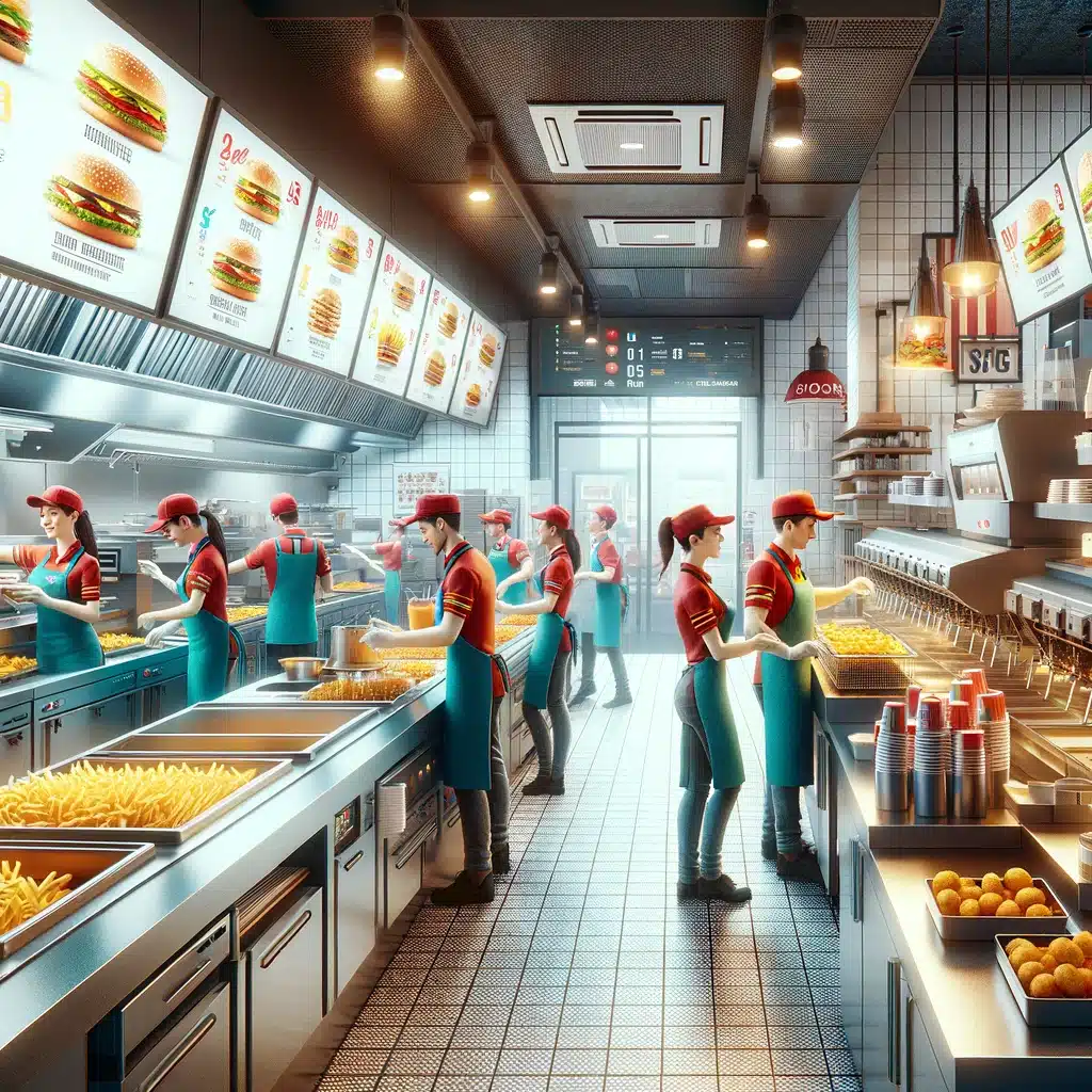 Une cuisine de fast-food animée avec des employés en uniformes colorés travaillant activement. Ils assemblent des hamburgers, préparent des frites et servent des boissons. L'équipement moderne comprend des friteuses et des grills. Au-dessus du comptoir, un menu numérique affiche les options disponibles. L'ambiance est rapide et collaborative, typique d'un établissement de restauration rapide réussi.