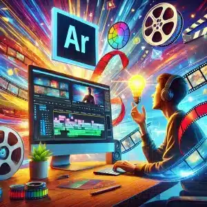 Illustration d'un éditeur vidéo utilisant Adobe Premiere Pro, avec le logo de Premiere Pro mis en avant. L'image montre un montage dynamique avec des effets visuels créatifs et une interface de timeline. Idéale pour promouvoir la formation au montage vidéo.