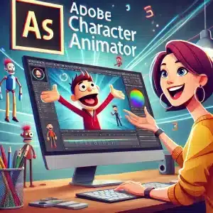 Illustration représentant un formateur enthousiaste en animation utilisant Adobe Character Animator, avec un écran affichant des personnages animés et le logo Adobe Character Animator. Ambiance créative et professionnelle, idéale pour promouvoir la formation en animation vidéo en temps réel.